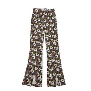 Hollister Floral‎ Flare Pants Brown Retro 70s Boho Slit Hem High Rise XS